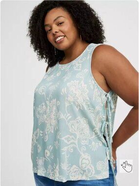 Torrid Size 3 Crinkle Gauze Side-Tie Tank Top Blue Floral Summer 3x Beach Boho